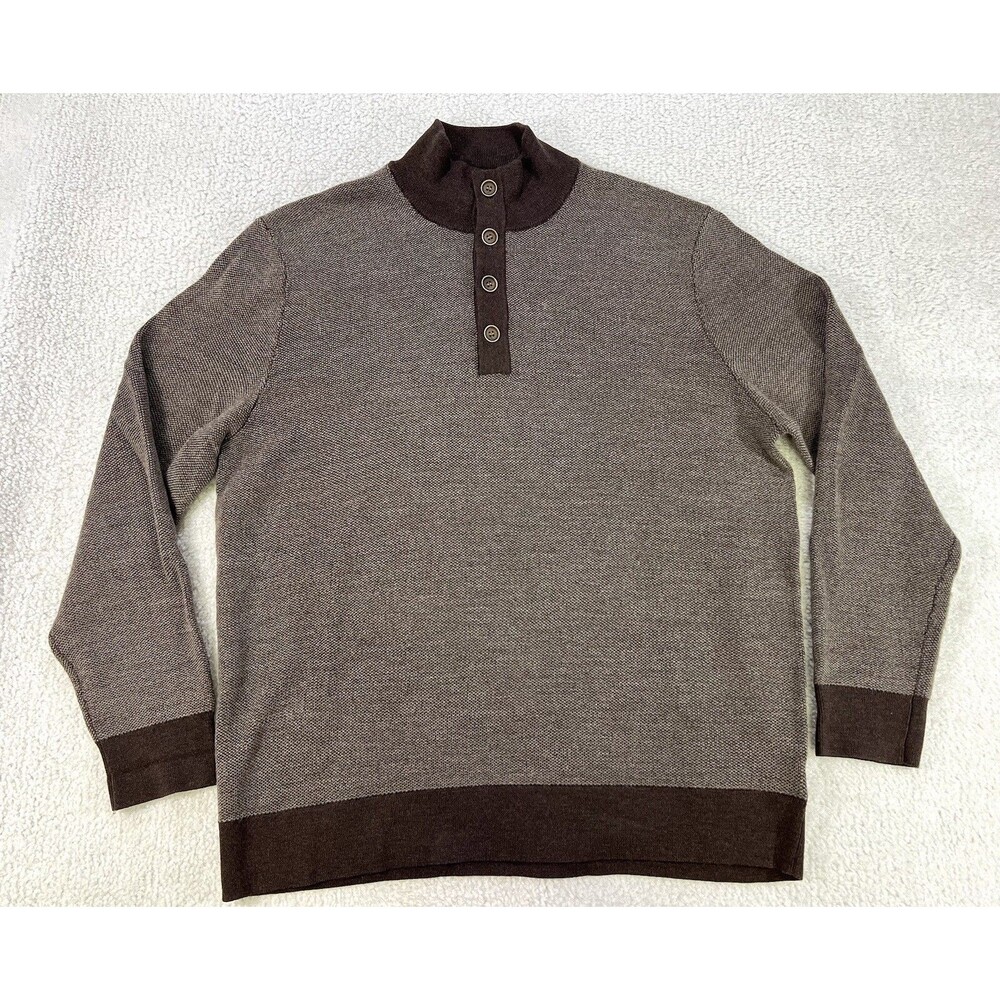 Untuckit Extra Fine Merino Wool 4 Button Henley Mock Neck Sweater Brown Mens XL